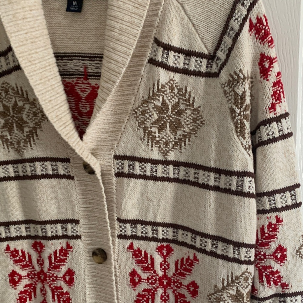 Lands' End Women's Beige and Red Knit Cardigan - Picture 3 of 15